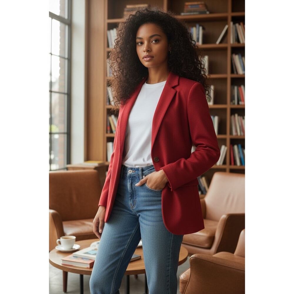 "Lands End" Womens 97% Wool Cashmere‎ Blazer Red SZ 6 One Button Closure Teacher